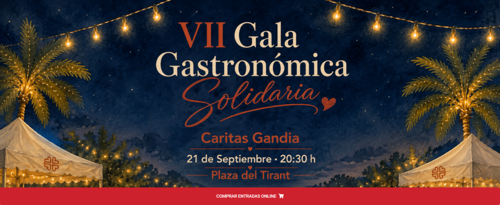 Cáritas Interparroquial de Gandía celebrará el próximo lunes 21 de septiembre, a las 20:30 h, en la Plaza del Tirant, la VII Gala Gastronómica Solidaria, una de las citas más especiales del año para la entidad.